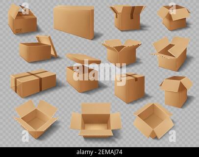 Kartons, Pakete und Lieferkarton Cargo Packs, Vektor realistische Mockups. Braune Kartons öffnen und schließen mit Klebeband, quadratisch Stock Vektor