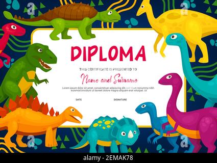 Kinder Diplom mit Cartoon Dinosaurier, Vektor-Vorlage. Schule oder Kindergarten Abschluss, Bildungsleistungszertifikat mit niedlichen Dinosaurier Charact Stock Vektor