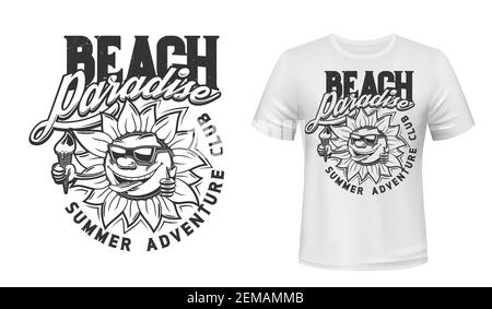 Sommer lustige Sonne mit Eis T-Shirt-Print Vektor-Mockup. Lächelnder Sonnencharakter in Sonnenbrillen zeigt Daumen nach oben und hält Eis-Kegel in der Hand. Stock Vektor