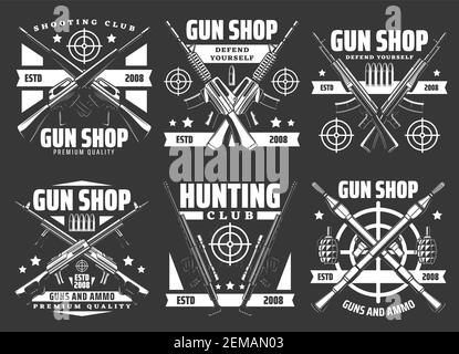 Waffenladen und militärische Munition Waffenlager Vektor-Symbole. Jagd Munition Gewehre und Verteidigung Waffen, Schießen Verein Schilder mit Waffen, Kugeln und Bombe Stock Vektor