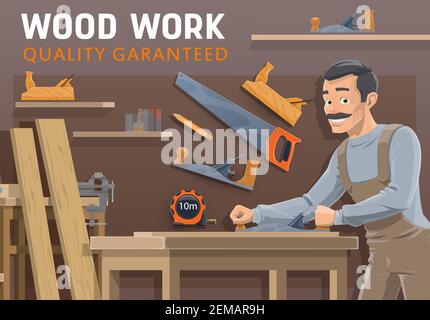 Zimmerei oder Holzverarbeitung Industrie, Vektorbau. Karikatur Tischler oder Tischler arbeiten mit Holzbearbeitungswerkzeugen in der Werkstatt, Wagenheber Flugzeuge, Säge und Holz Stock Vektor