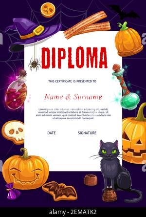 Kinder Diplom mit Halloween-Vektor-Zeichen und Gegenstände Fledermaus, schwarze Katze und Kürbis Laterne, Trank in der Flasche, Süßigkeiten, Lakritz und Hexenhut. Schule Stock Vektor