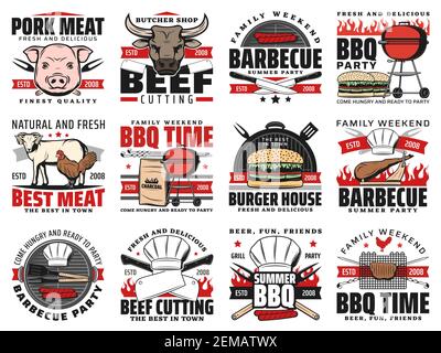 Grill-Party und Metzgerei Fleisch Vektor-Symbole. Burger House, Holzkohle BBQ Grillzeit und Picknick-Party, Schweinefleisch und Rindfleisch Steaks auf Feuer Flammen, butc Stock Vektor