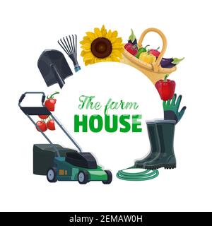 Farm Gemüse und Gartengeräte, Vektor-Landwirtschaft und Landwirtschaft Design. Landwirt Spaten oder Schaufel, Gabel und Handschuhe, Tomaten, Paprika und Auberginen in b Stock Vektor