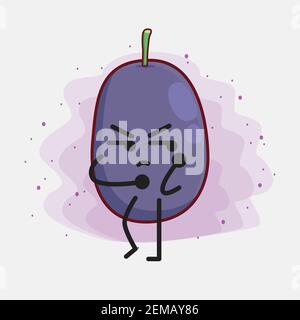 Vektor-Illustration von Java Pflaumenfrucht Charakter mit niedlichen Gesicht, einfache Hände und Bein Linie Kunst auf isolierten Hintergrund. Flache Cartoon Doodle Stil. Stock Vektor