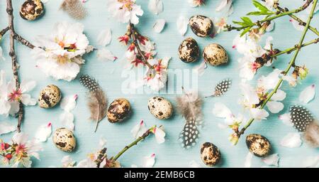 Ostern Urlaub Hintergrund, Textur und Tapete. Flachlage von Frühlingsmandelblüten auf Ast, Federn und Wachteleiern auf hellblauem Hintergrund, Draufsicht. Grußkartenkonzept Stockfoto