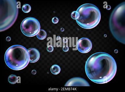 Seifenblasen auf transparentem Hintergrund, realistische Vektor-Wasser-Schaum-Kugeln mit Regenbogenfarben Reflexionen. Schwimmende bunte Seifenblasen, Bad, Dusche Stock Vektor