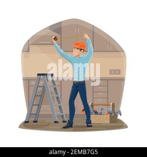 Cartoon Handwerker oder Zimmermann in Harthut mit Arbeitswerkzeugen. Werkzeugkasten mit Hammer, Schraubendreher und Schraubenschlüssel, Schraubenschlüssel, Säge, Maßband. Hausreparatur servi Stock Vektor