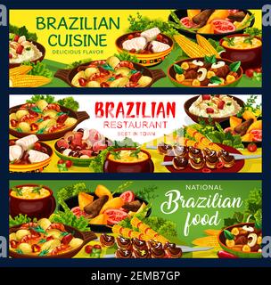 Brasilianische Küche Feijoada und Fleisch Gericht Menü, Brasilien traditionelle Bohnen und Fisch Mahlzeiten, Vektor-Banner. Brasilianische Nationalgerichte, Churrasco-Fleisch, Stock Vektor