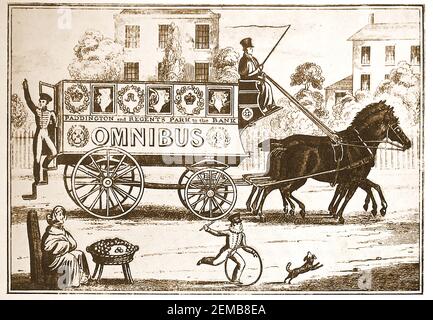 George Shilbeers erster Pferdebus (Omnibus), der von Paddington und Regents Park zur Thames Bank (einige sagen die Bank of England) in London (Großbritannien) fuhr. ---- Shilbeer (1797 – 1866) war ein englischer Kutschenbauer, der in Paris beschloss, den Omnibus-Dienst zu kopieren, den er dort in seiner Heimat London gesehen hatte, und dann in Großbritannien Vorreiter dieser Art öffentlicher Verkehrsmittel war. Stockfoto