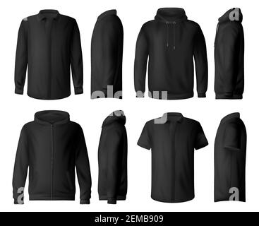 Mann Freizeitkleidung, tragen Vektor Mockup Set. Klassisches schwarzes Shirt mit langen und kurzen Ärmeln, Sweatshirt, Pullover und Hoodie Vorderansicht realistisch Stock Vektor