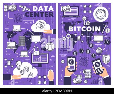 Rechenzentrum und Bitcoin-Vektor-Design von Kryptowährung und Cloud-Datenbank-Technologien. Computer, Hosting-Server-Rack und Blockchain, Informationen st Stock Vektor