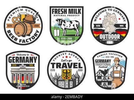 Deutsche Reise Wahrzeichen isoliert Ikonen, Vektor-Tourismus von Deutschland. Deutsche Flagge, Karte und Wappentier, Bier, Jägerhut, Almwiese und Milchkuh, h Stock Vektor