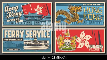 Hong Kong Reise-Plakate, Fähre, Drache und Blazon-Emblem mit Bauhinia. Hong Kong Sehenswürdigkeiten und Stadtrundfahrten, Victoria Bay Fähre, Gold Stock Vektor