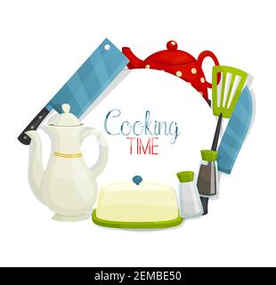 Küche Utensil und Besteck, Kochartikel Vektor-Rahmen. Küchenmesser, Teekannen und Spachtel, Salz- und Pfefferstreuer, Butterdose mit Deckel. Küchenutensilien Stock Vektor