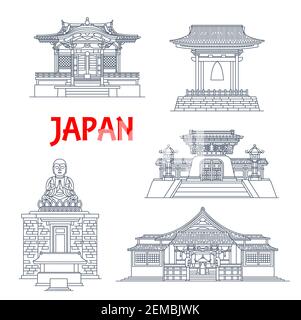 Japanische Gebäude, japanische Tempel, Häuser und Pagodentürme, architektonische Wahrzeichen von Kamakura. Glocke und Buddha von Tennoji, Dayenji Tokyo Tempel und Stock Vektor