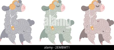 Set von niedlichen Locken Lamas in Kopfhörer mit einem Musik-Player in verschiedenen Farben. Illustration für Malvorlagen, Kinderdrucke und Publikationen Stock Vektor