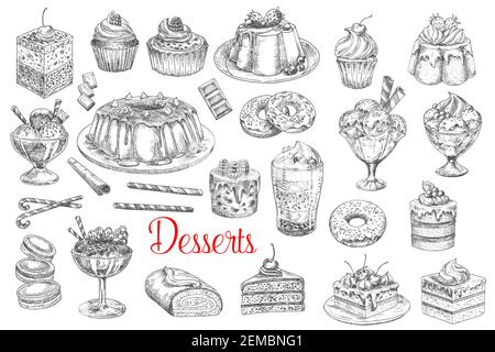 Kuchen und Gebäck Süßigkeiten, Bäckerei Desserts, Vektor-Skizze Symbole. Handgezeichnete Patisserie süße Desserts, Tiramisu Kuchen, Schokolade Cupcake mit Beeren und Stock Vektor