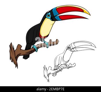 Toucan exotische Vogel Vektor Cartoon Maskottchen, Vogel des tropischen Waldes oder Dschungel. Zitronen-Tukan auf Baumzweig mit blauem Gefieder um die Augen, blac Stock Vektor