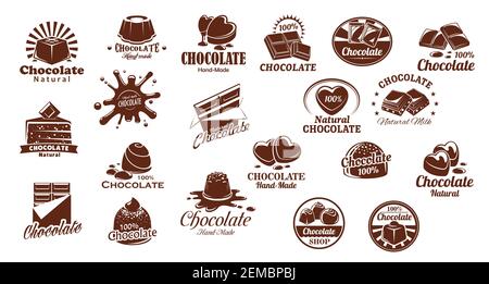 Schokolade Bonbons und Süßigkeiten Vektor-Symbole gesetzt. Schokoladen-Bar und Süßigkeiten Symbole, Kakao Kuchen oder Käsekuchen. Natürliche, handgemachte Süßigkeiten und Desserts, pastr Stock Vektor