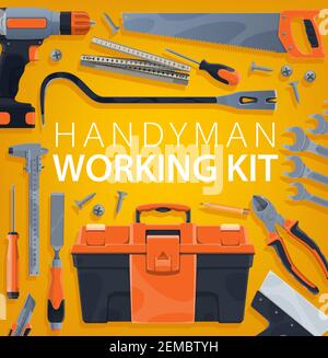 Arbeitswerkzeuge, Bau, Hausreparatur und Zimmerei Handwerker Arbeitskit, Vektor-Poster. Holzarbeiten und Mauerwerk Bauwerkzeuge, Hammer, Bohrer und Schrauben Stock Vektor