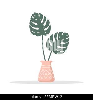 Vase mit Monstera-Blättern. Niedliche skandinavische Inneneinrichtung. Gemütliches, modernes Element. Vektor-Illustration in flachen Cartoon-Stil Stock Vektor
