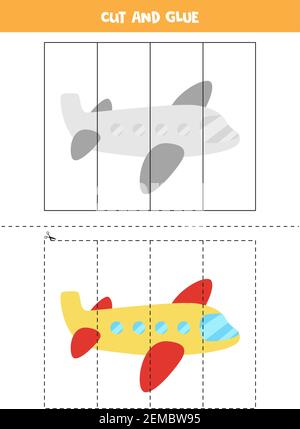 Schneiden und kleben Spiel für Kinder. Cartoon-Flugzeug. Stock Vektor
