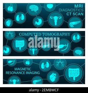 MRT-Diagnostik und CT-Scans von Organen, Gehirn und Herz-Vektor-Banner der diagnostischen Medizin. Magnetresonanztomographie und Computertomographie Stock Vektor