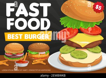 Burger, Hamburger und Cheeseburger Vektor-Design von Fast-Food-Sandwiches mit Zutaten. Rindfleisch, Käse und Tomaten, Burger Brot Brötchen, Salat sa Stock Vektor
