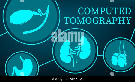 Computertomographie und MRT-Organdiagnostik, medizinisches Vektor-Poster. MRT-Diagnostik und CT-Scan der inneren Organe. Magnetresonanztomographie von k Stock Vektor