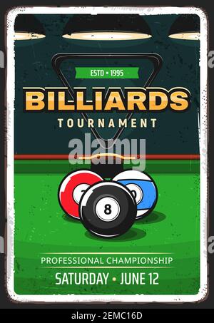 Billard Pool Turnier Retro Vektor Poster. Bälle für englisches und amerikanisches Billard vor der Tasche auf Tisch mit grünem Tuch. Pool-Meisterschaft, Stock Vektor
