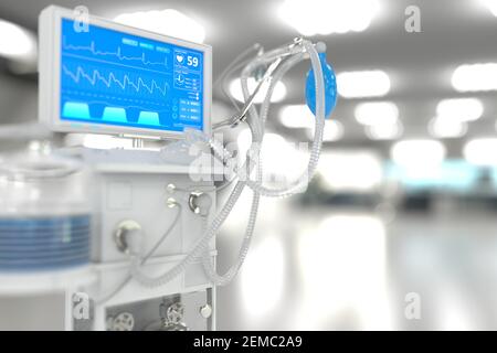 Medical 3D Illustration, ICU künstlicher Lungenventilator mit fiktivem Design im hellen Krankenhaus mit weichem Fokus - Fight 2019-ncov Konzept Stockfoto