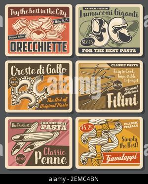 Italienische Pasta Retro Poster, Vektor Macaroni Orecchiette, lumaconi giganti und creste di gallo, filini, klassische Penne und gavatappi. Essen aus Italien, tr Stock Vektor