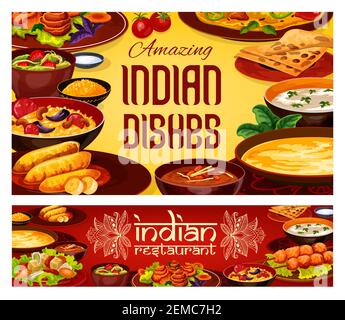 Indische Küche Restaurant-Menü, traditionelle indische Gourmet-Gerichte. Vector Indian authentische Frühstück und Abendessen Mahlzeiten mit Gemüse und Curry Stock Vektor