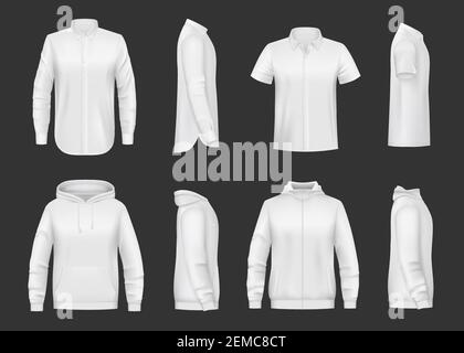 Weißes Sweatshirt, Hoodie und Hemd realistischer Vektor-Mockup von Herrenbekleidung. Vorder- und Seitenansicht von Hemden mit Kapuze, lange und kurze Ärmel, Reißverschluss und Stock Vektor