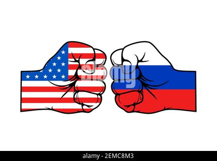 USA und Russland Konflikt Vektor-Konzept, zwei Fäuste in Farben der amerikanischen und russischen Föderation Flaggen. Politische, wirtschaftliche und militärische Konfrontation o Stock Vektor