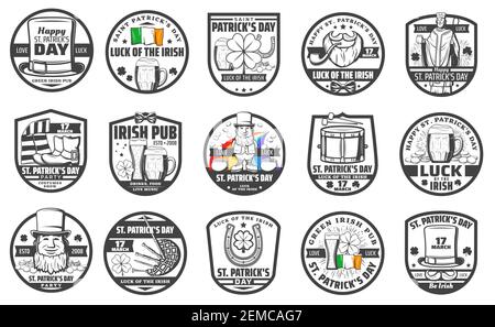 Irish Saint Patrick Tag, Party und Irish Bier Pub Ikonen. Vector St. Patrick mit Shilelagh und Ale Bier Pint, Kobold in Hut mit Münzen in Kessel Stock Vektor