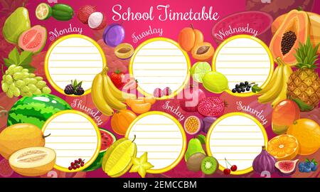 Stundenplan und Unterricht Wochenplaner, Vektor-Vorlage mit tropischen Früchten und Beeren. Schulplan mit Papaya, Ananas und KI Stock Vektor