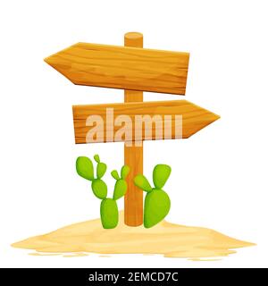 Holz gerichtete Plakatwand mit Wüstensand und Kaktus isoliert auf weißem Hintergrund im Cartoon-Stil. Wild West ui Asset, Dekoration Element. Ländlich, o Stock Vektor