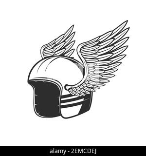 Bikerhelm mit Flügeln. Motorrennteam-Symbol, Rallye-Sport-Team-Emblem und benutzerdefinierte Chopper Bike Fahrer Turnier Zeichen Stock Vektor