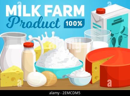 Milchprodukte und Bauernhof Milch Vektor-Banner. Fermentierte ganze und gebackene Milch in Glaskrug, Kartonverpackung und Quark, Eier und in Scheiben geschnittener schweizer Käse, Mayonna Stock Vektor