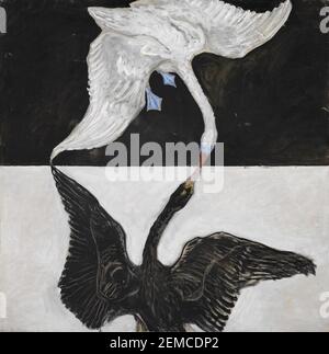 The Swan No 1 von der schwedischen Künstlerin Hilma af Klint. Weißer Schwan auf schwarzem Hintergrund, der einen schwarzen Schwan auf weißem Hintergrund berührt. Stockfoto