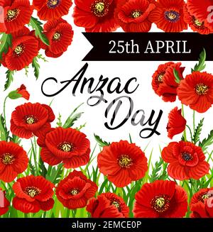 Anzac Tag Mohnblumen Vektor-Design von Australien und Neuseeland Armee Soldaten Tag. Rote Blumen mit schwarzem Gedenkband, Kriegsveteranen National Me Stock Vektor