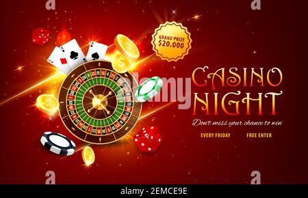 Internet Casino Landing Page. Roulette und Poker Spielkarten, goldene Münzen, Hauptpreis oder Jackpot Aufkleber, rote Würfel und verschiedene Chips auf funkelnden Stock Vektor