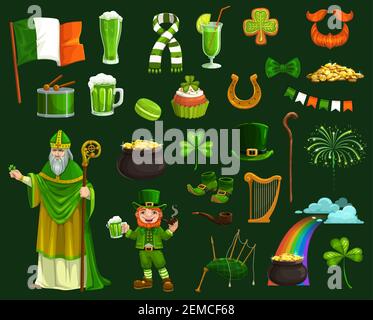 St. Patricks Day Vektor-Symbole, Irish Kobold und Topf mit Goldmünzen, Kleeblätter oder Kleeblätter, grünes Bier und glückliches Hufeisen, Hut, Stiefel, Orang Stock Vektor
