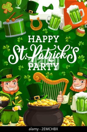 Happy St. Patricks Tag lächelnde Leprechaunen in grünen Anzügen. Vector bärtige Gnome, wohlhabende Zwerge trinken Bier und feiern irischen Feiertag. Trommel und Stock Vektor