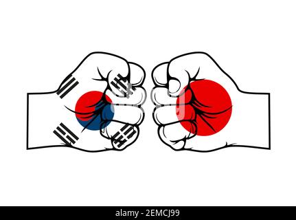 Japan und Südkorea, zwei geballte Fäuste gegenübergestellt. Handelskrieg und wirtschaftlicher Konflikt zwischen zwei asiatischen Ländern, nationale Flaggen auf der Faust Stock Vektor