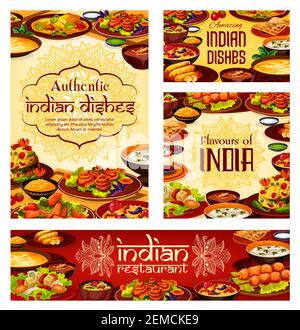 Indische Küche Speisekarte, authentische Geschmackgerichte und Desserts. Vector Indische traditionelle Mittag-und Abendessen Mahlzeiten Gemüse, Fleisch und Curry Reis, Suppen Stock Vektor