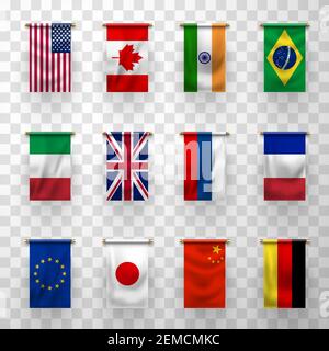 Flaggen von Ländern, 3D Vektor-Banner. Nationalflaggen von Deutschland, Frankreich, Italien und Brasilien, Japan, China, Kanada und Russland, die Vereinigten Staaten von Amerika, Stock Vektor