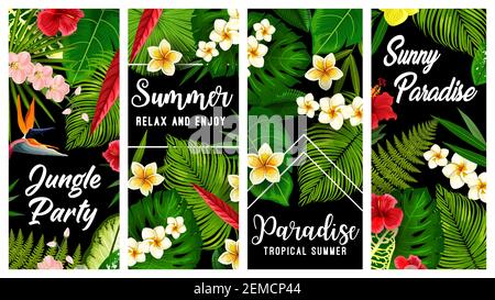 Tropische Pflanzen und Blumen Vektor Banner, exotische Blüten Hibiskus, Orchidee, strelitzia oder Plumeria mit grünen Palmblättern. Tropischer Sommerurlaub Stock Vektor